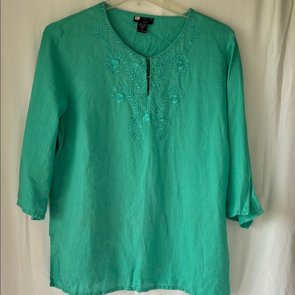 Embroidered Linen Tunic Top in Turquoise